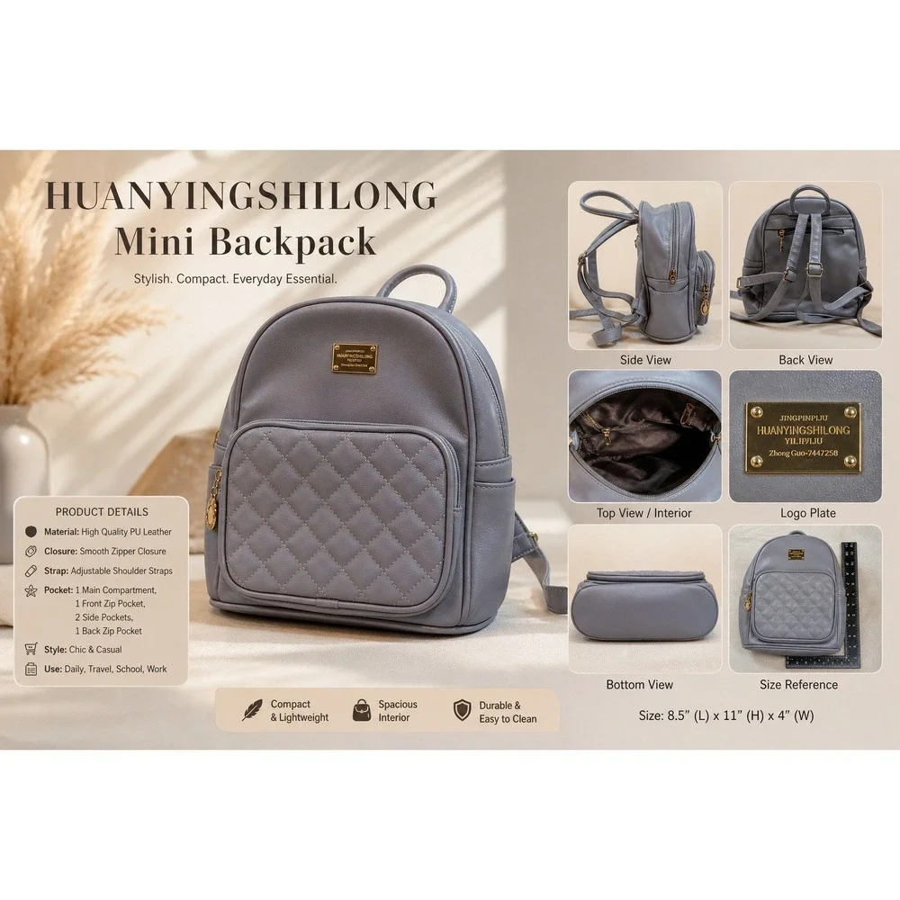 Jingpin Huanyingshiyong Grey Quilted Mini Backpack Faux Leather‎ Gold Hardware
